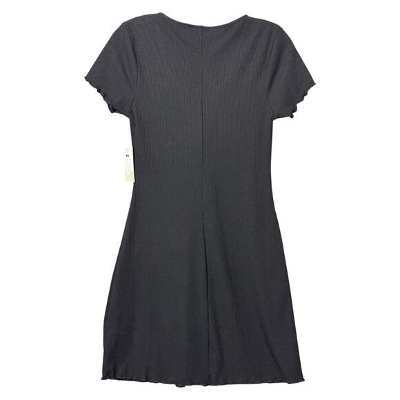 Black Mini Dress Babydoll Rib Knit Lettuce Edge Tie Front BP S Whimsigoth Retro - Picture 9 of 15